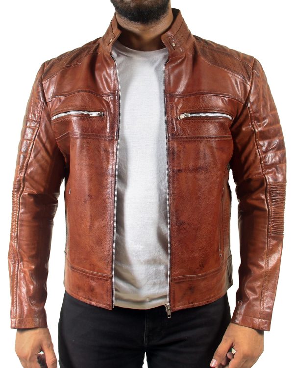 Mens Padded Motorcycle Cafe Racer Brown Leather Jacket