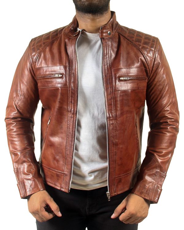 Mens Classic Padded Motorcycle Brown Leather Jacket mens jacket