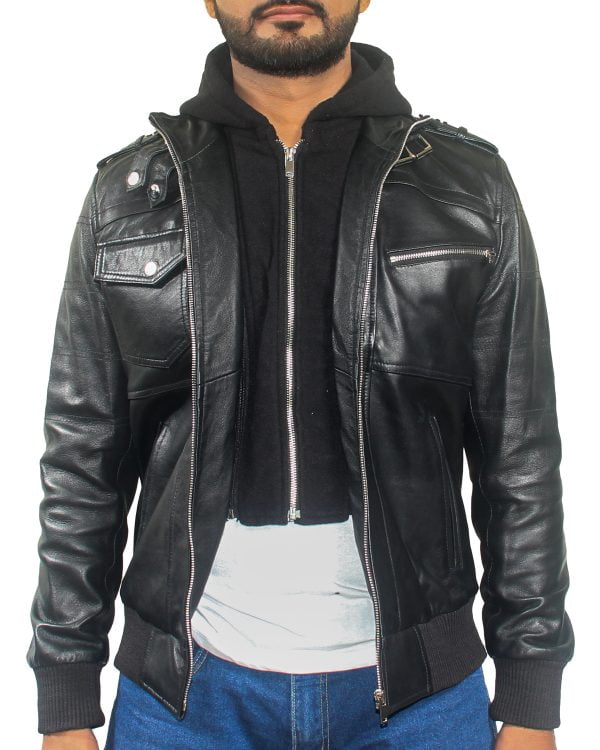 Mens Removable Hood Black Leather Jacket