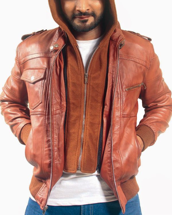 Mens Removable Hood Brown Leather Jacket