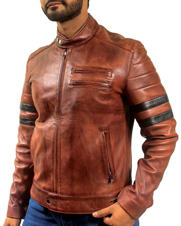 Mens Black Stripe Brown Leather Jacket