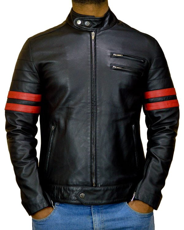 Mens Red Stripe Black Leather Jacket