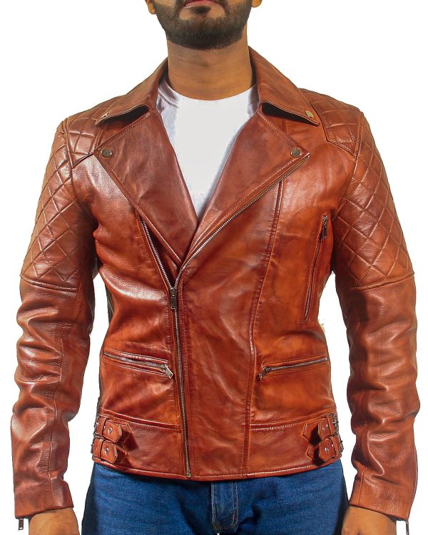 Mens Diamond Quilted Brown Leather Jacket