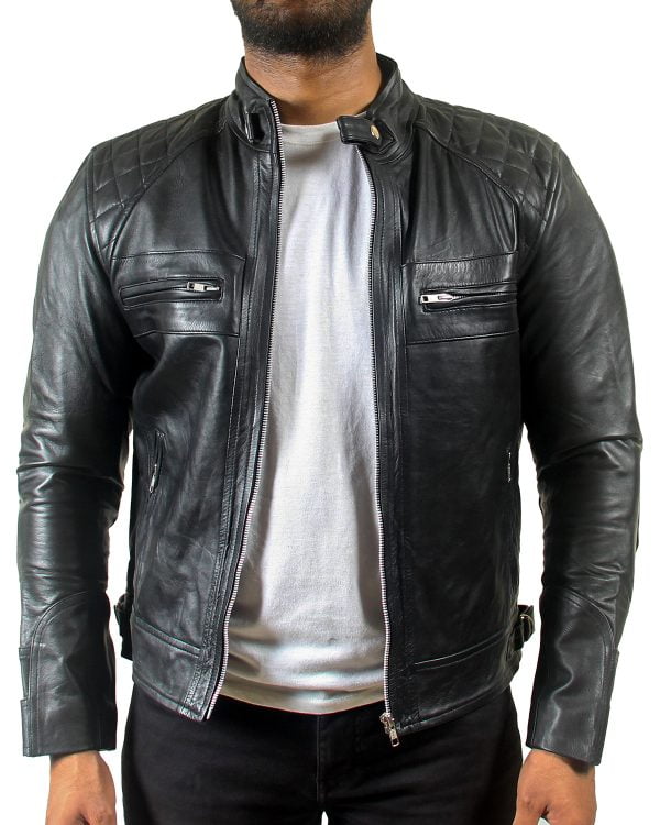 Mens Classic Padded Motorcycle Black Leather Jacket