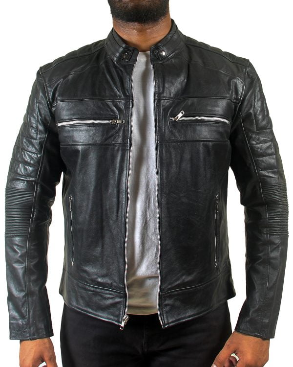 Mens Padded Motorcycle Cafe Racer Black Leather Jacket 