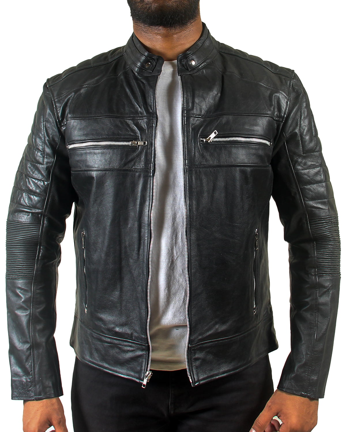 Mens Padded Motorcycle Cafe Racer Black Leather Jacket - Minhado Store