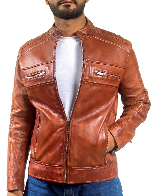 Mens Cafe Racer Brown Leather Jacket