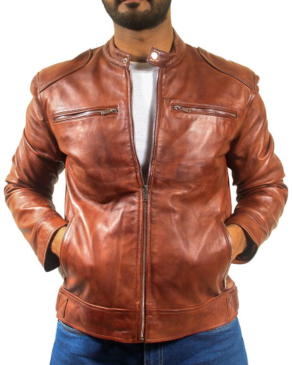 Mens Shoulder Pad Brown Leather Jacket