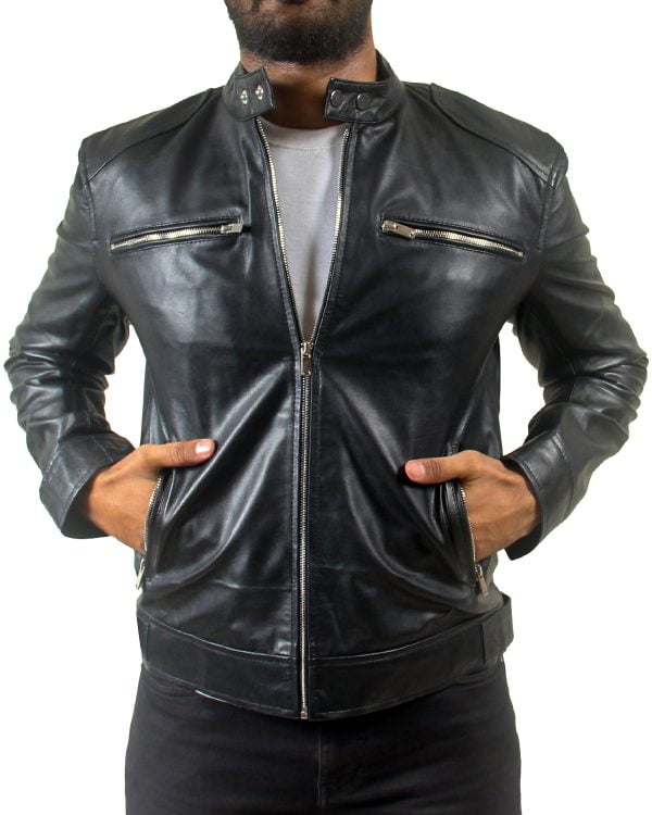 Mens Shoulder Pad Black Leather Jacket