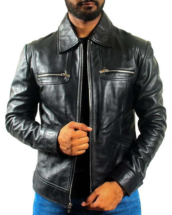 Mens Trucker Black Leather Jacket