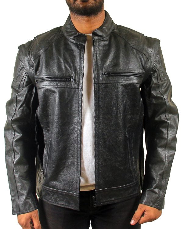 Mens Motorcycle Vest Convertible Black Leather Jacket