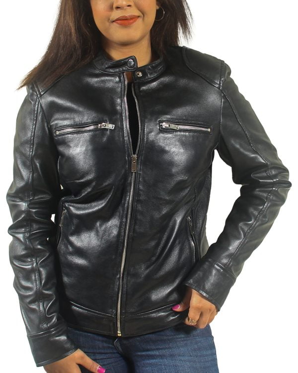 Women Shoulder Pad Black Leather Jacket