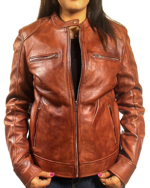 Women Shoulder Pad Brown Leather Jacket