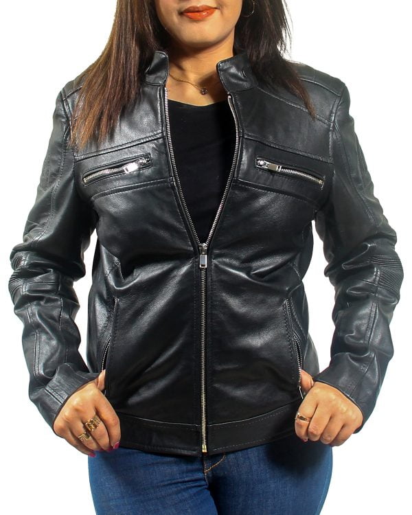 Women Cafe Racer Black Leather Jacket