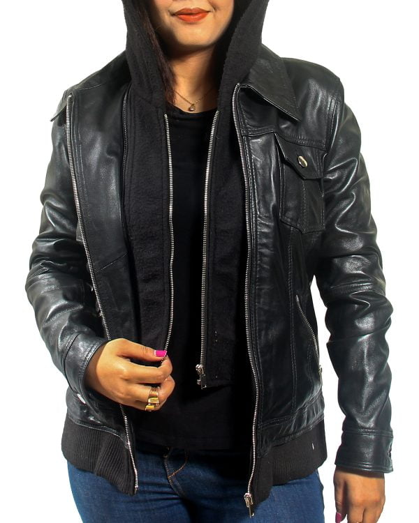 Women Trucker Removable Hood Black Leather Jacket