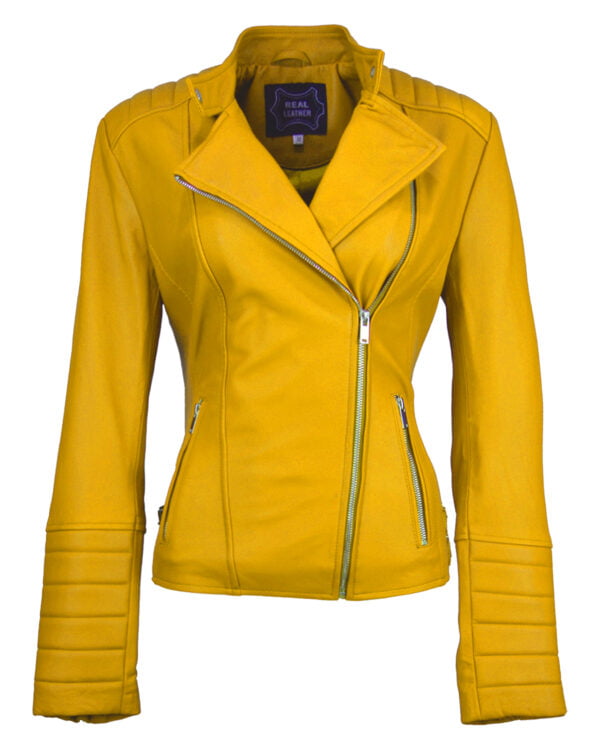 Women Asymmetrical Biker 2 Yellow Leather Jacket