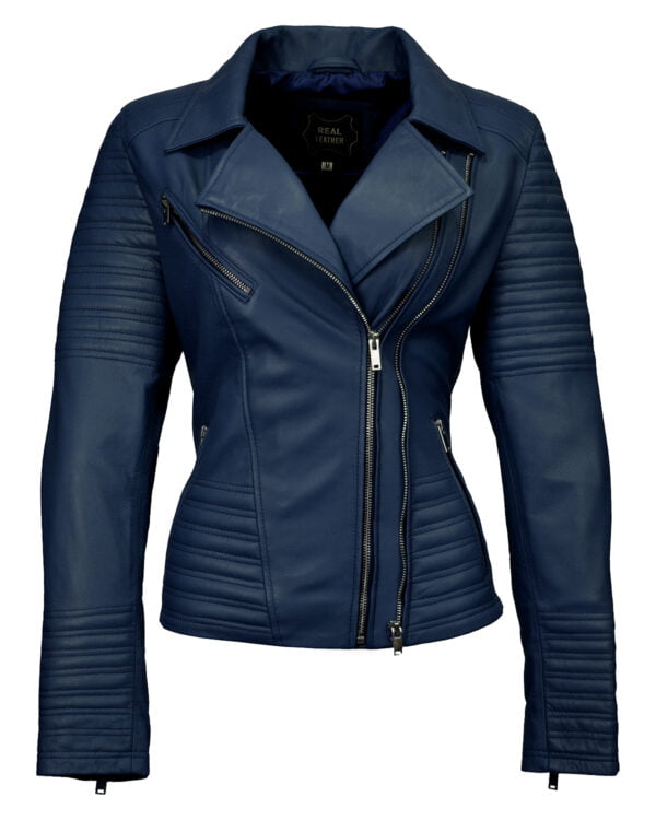 Women Asymmetrical Biker 3 Blue Leather Jacket