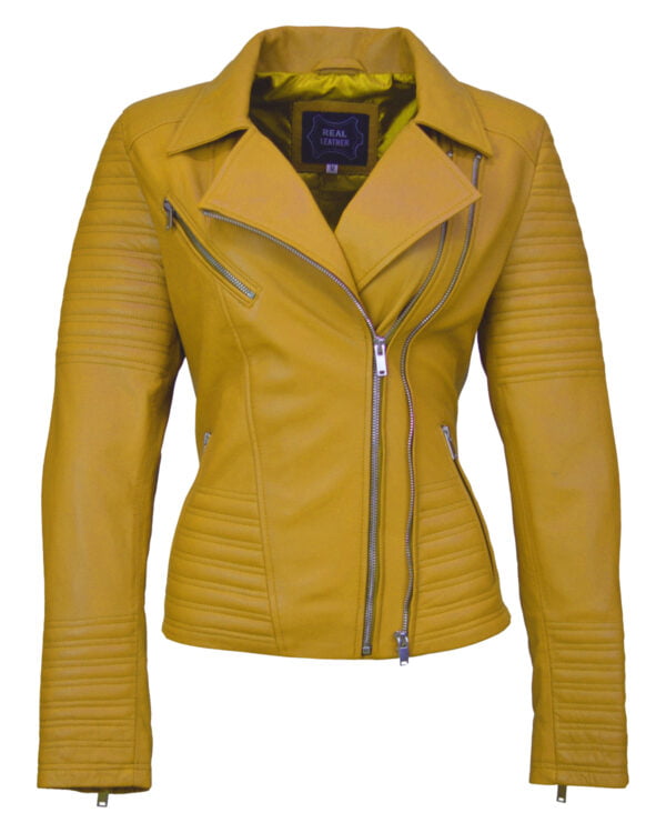 Women Asymmetrical Biker 3 Yellow Leather Jacket