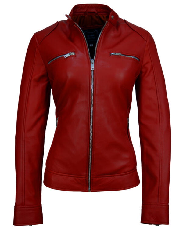 Women Shoulder Pad Red Leather Jacket