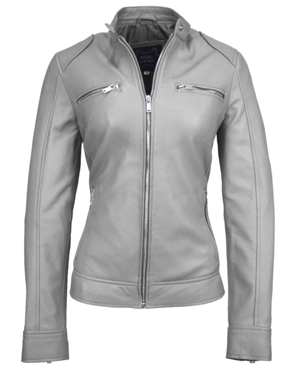 Women Shoulder Pad White Leather Jacket