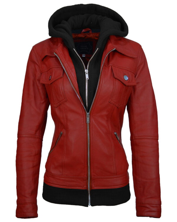 Women Trucker Removable Hood Red Leather Jacket