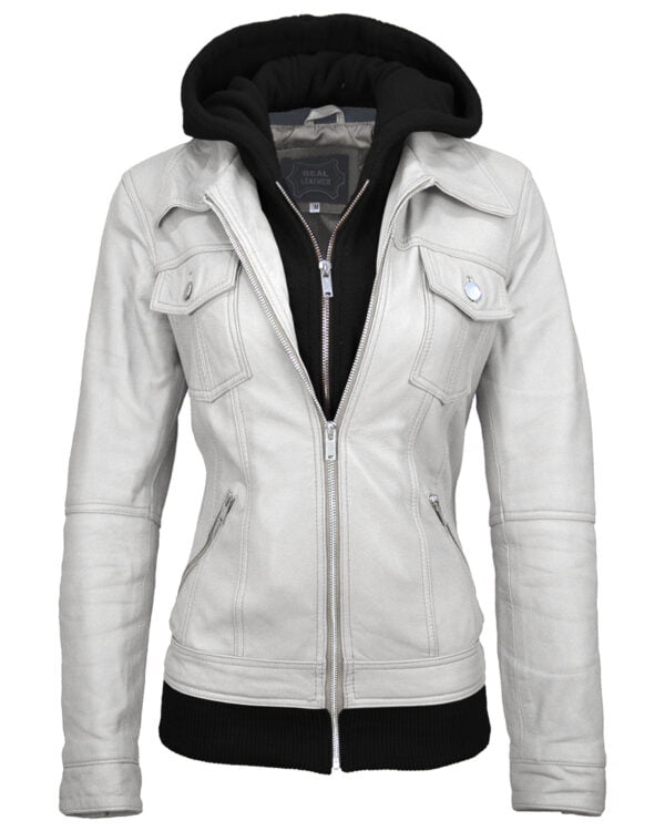 Women Trucker Removable Hood White Leather Jacket