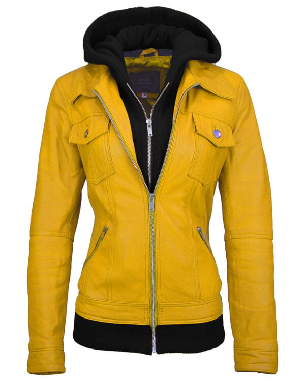 Women Trucker Removable Hood Yellow Leather Jacket